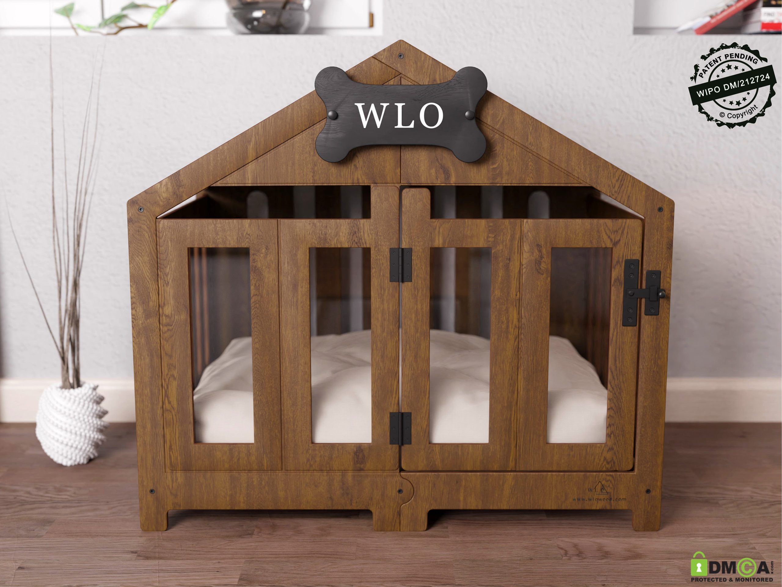 Walnut & Ivory – Gabled Modern Dog Crate and Dog Bed
